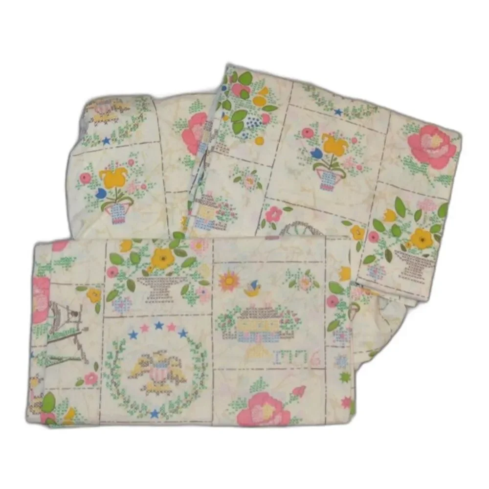 Vintage Utica Tastemaker Faux Cross Stitch Americana Twin Sheet Set Bicentennial